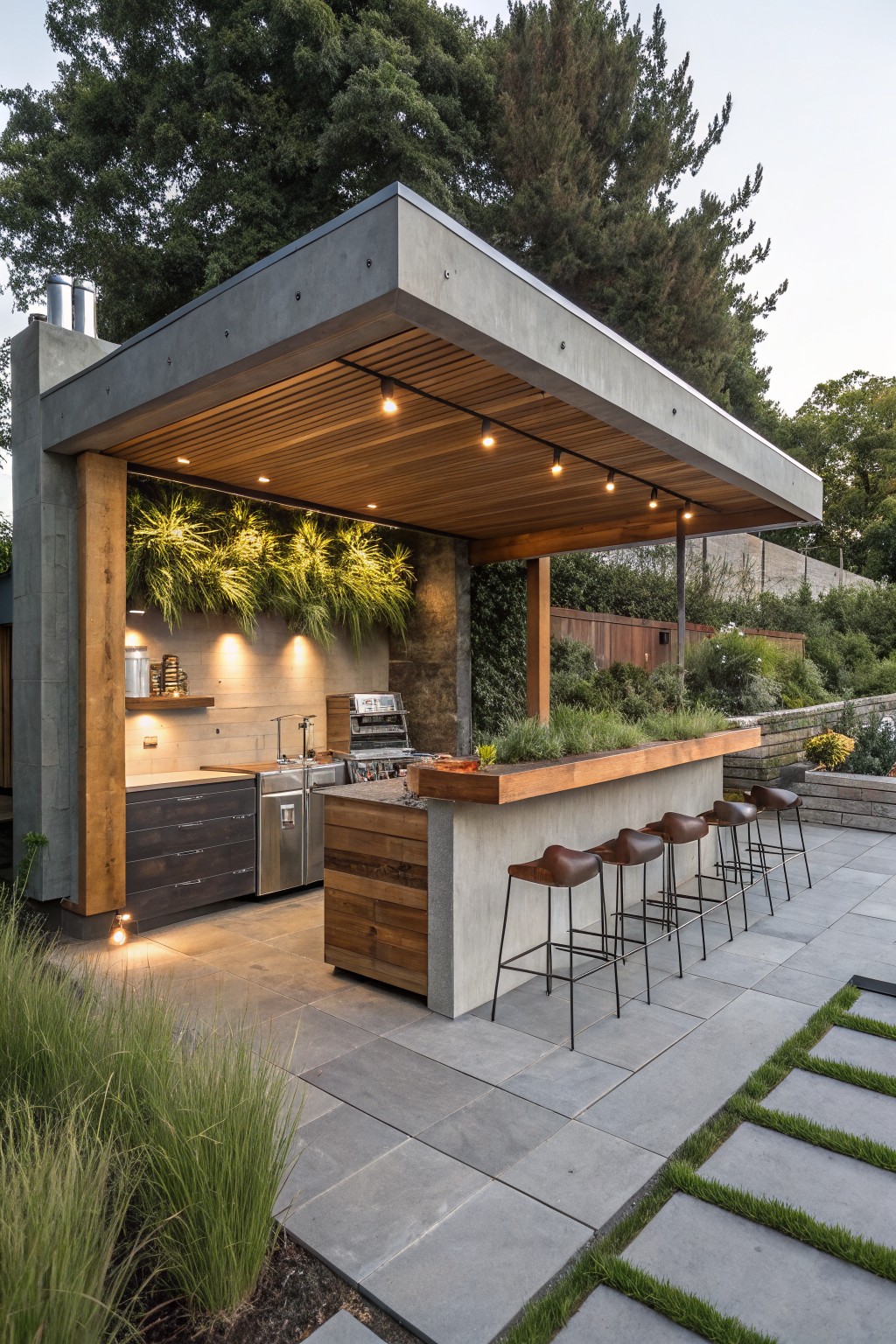 Modern outdoor kitchen pavilion with gray concrete cantilevered roof, wooden bar counter with built-in planters and grill, four barstools, vertical green plants on wall, sink, and paver patio surrounded by grasses and trees.