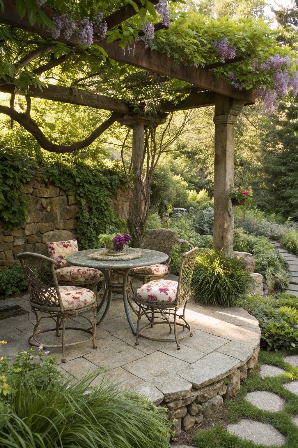 Wooden pergola covered in purple wisteria vines over a round stone patio with a metal table, four upholstered chairs, and a flower centerpiece, bordered by stone walls, garden beds, and a stepping stone path.