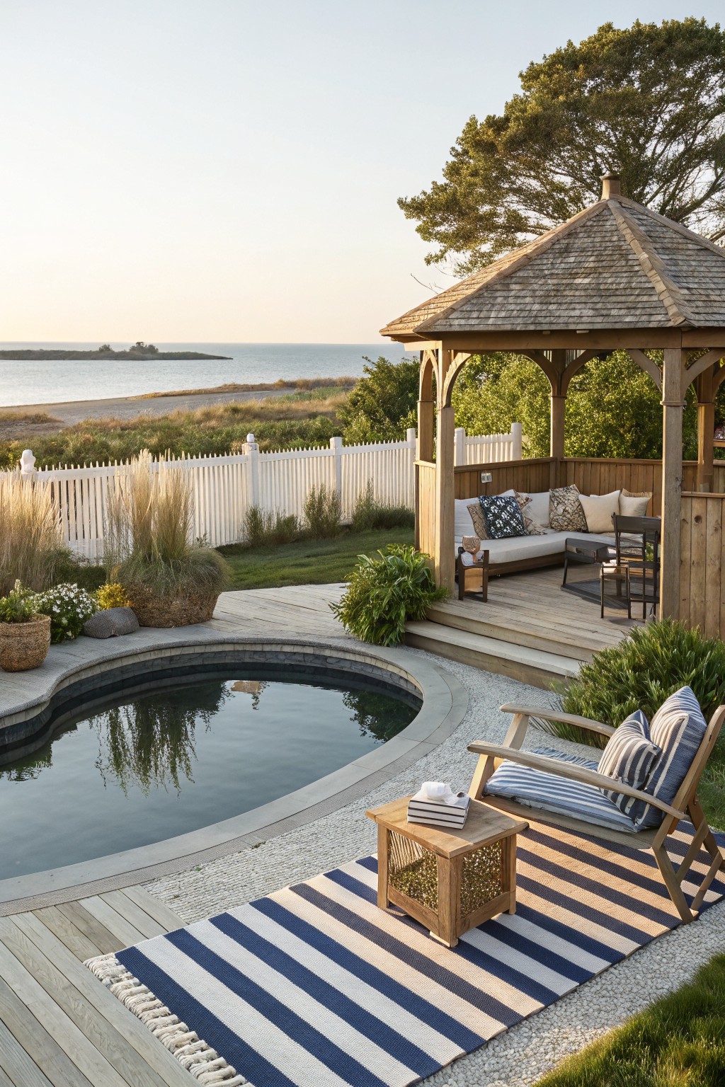 Wooden gazebo with cushioned bench seating and chairs on a deck next to a curved dark pool, surrounded by landscaping, white picket fence, and ocean view in a backyard.