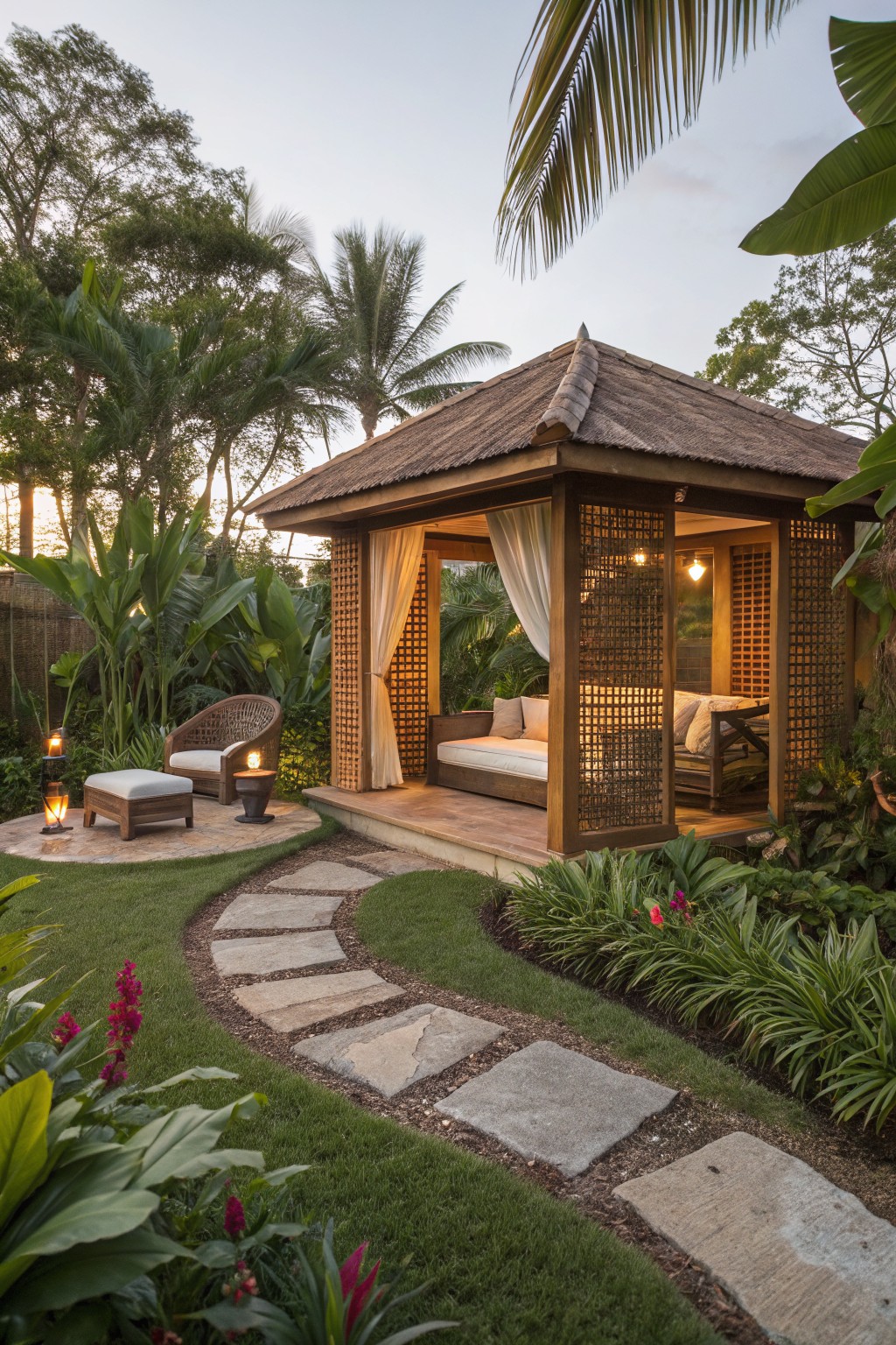 Wooden lattice gazebo pavilion with draped white curtains, a cushioned daybed, rattan lounge chair and ottoman on a stone deck, surrounded by tropical greenery and a curved stone path in a backyard garden at dusk.