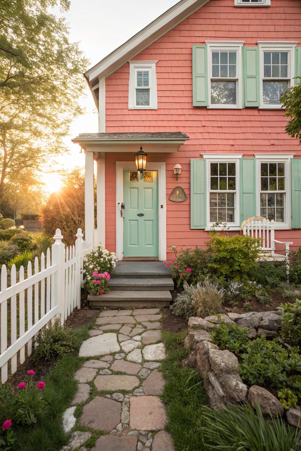 Coral pink siding on a house exterior with white trim and a stone walkway.