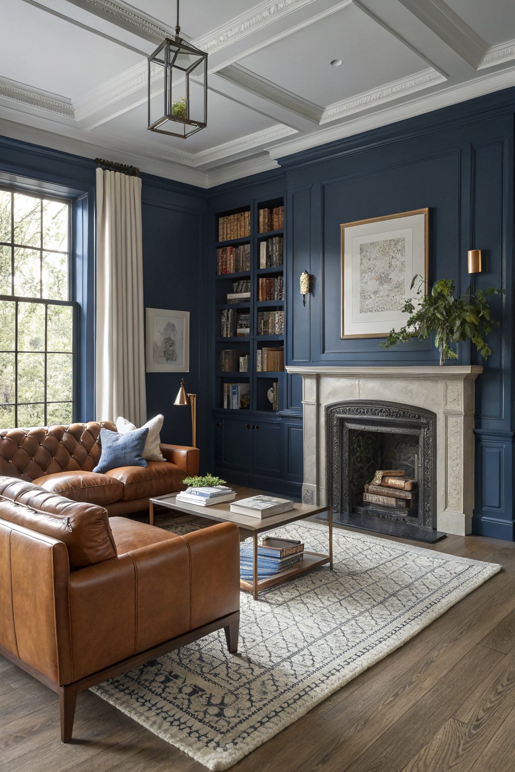 Deep navy blue walls and built-in bookshelves surround a fireplace in a living room.