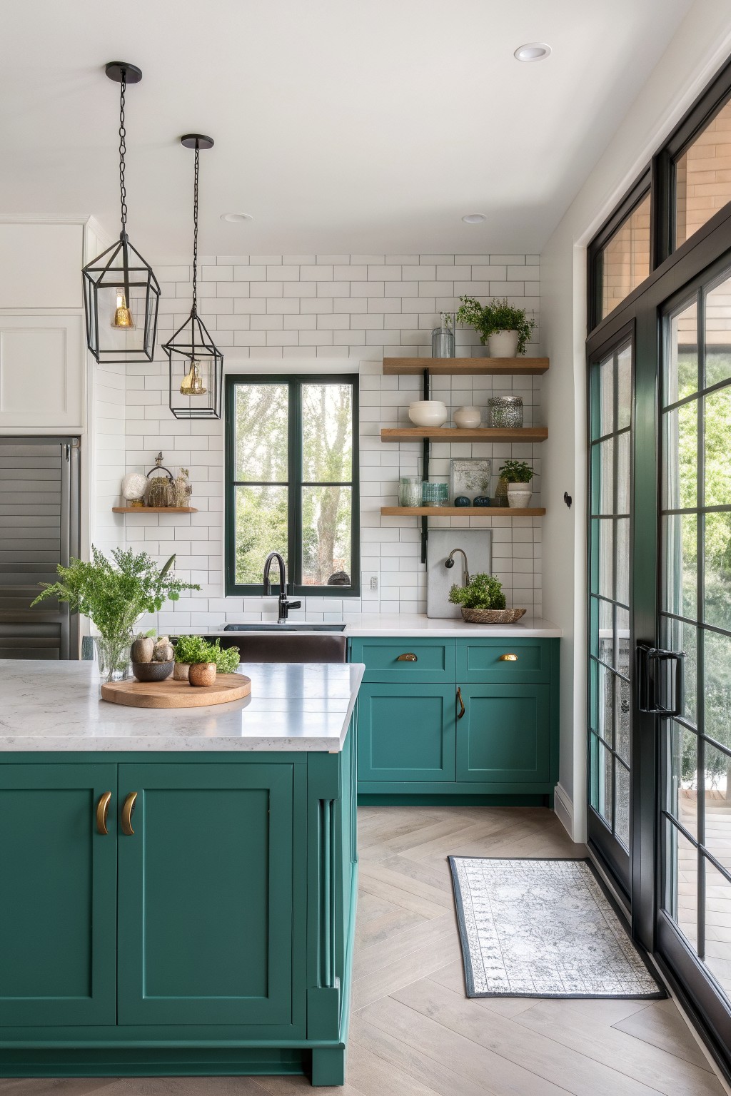 Deep teal kitchen cabinets and island in a bright white kitchen.