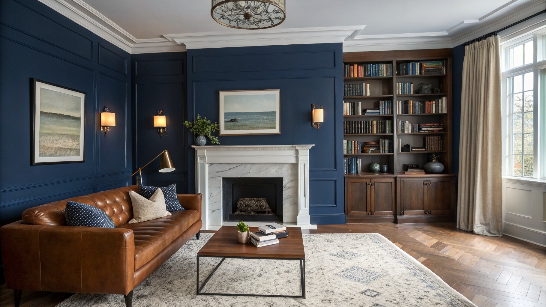Deep navy blue walls and built-in bookshelves surround a fireplace in a living room.