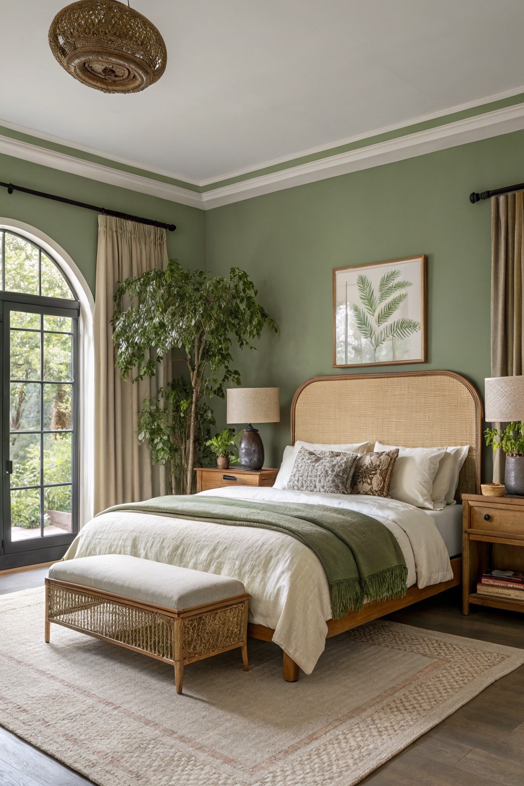 Bedroom walls painted in a soft sage green.