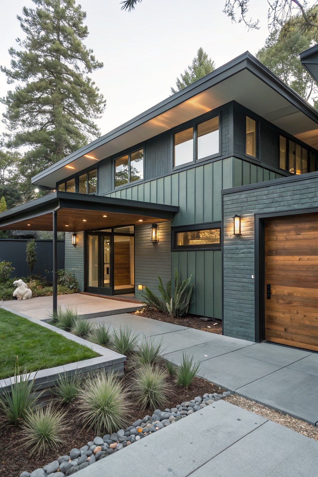 Modern house exterior finished in muted sage green siding with wood garage door and black trim.