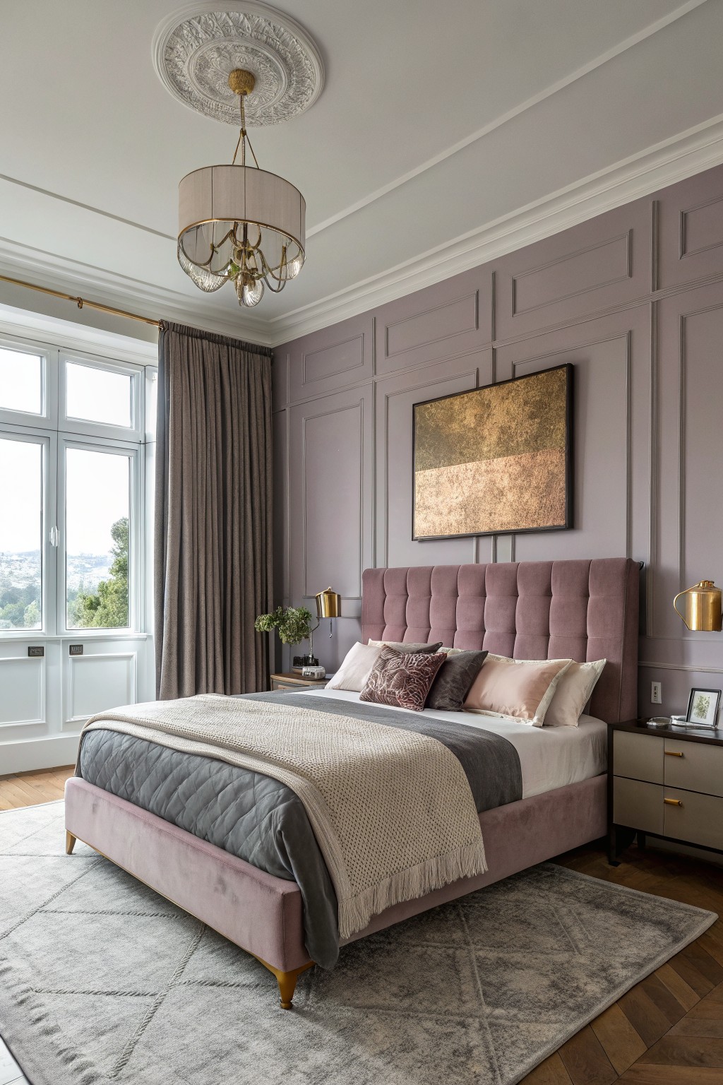Bedroom walls painted in a soft mauve gray with wood flooring visible.