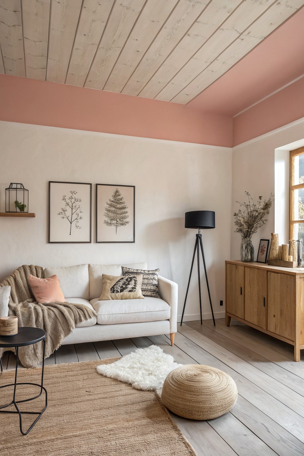 A living room featuring soft pink walls with white trim and light wood accents.