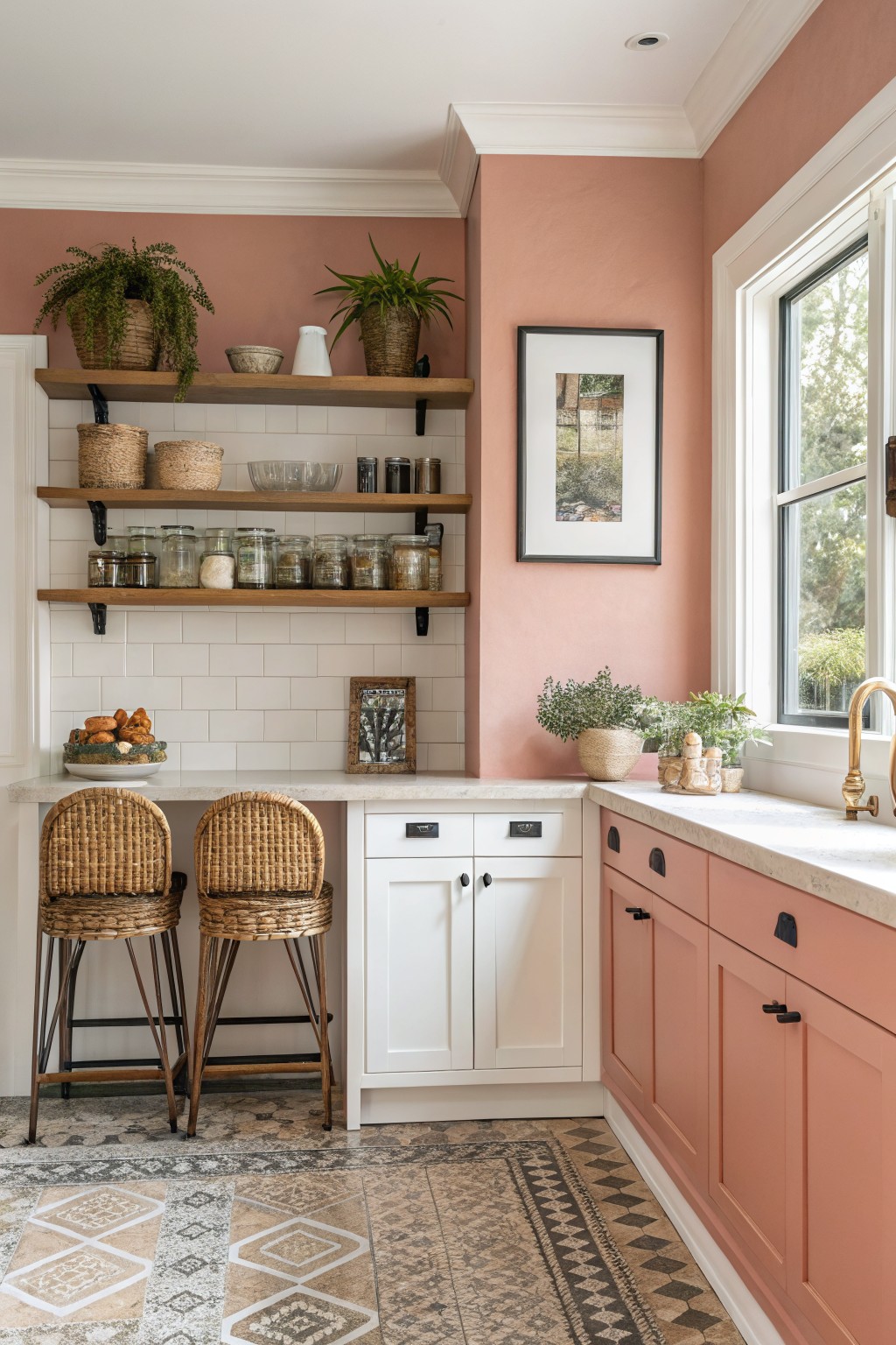 A kitchen with soft terracotta pink walls, white cabinets, and wooden open shelves.