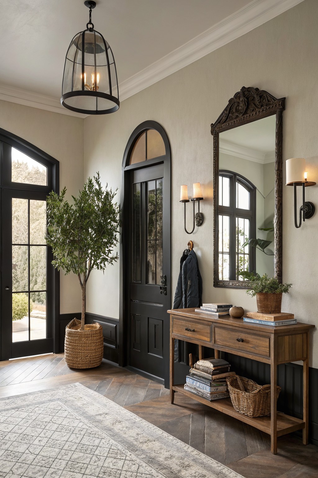 Light greige walls in an entryway with dark doors and a wooden console table.