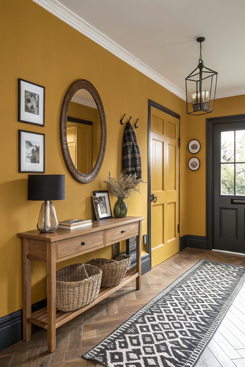 A hallway with warm mustard yellow walls, a wooden console, and dark trim around the doors.