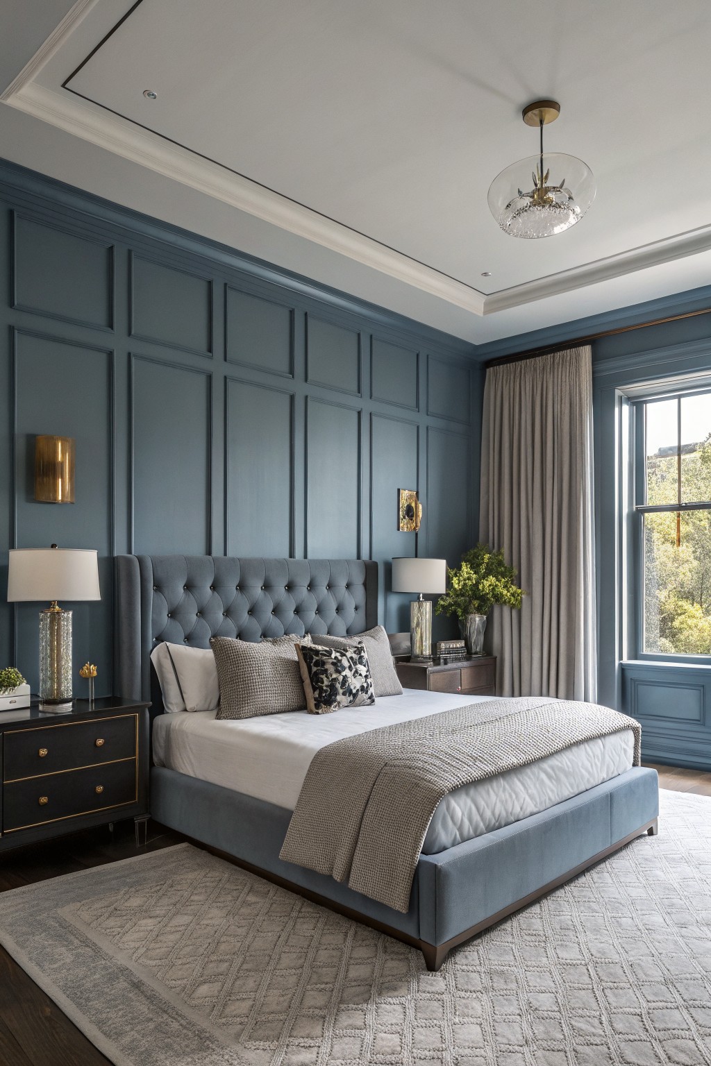 Muted blue-gray walls with paneling in a bedroom setting.