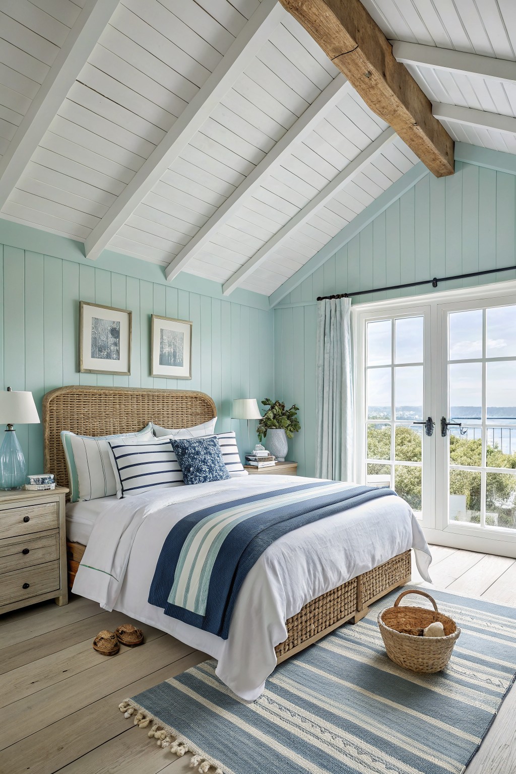 Bedroom walls painted in a soft mint green with white trim and exposed wood beams.
