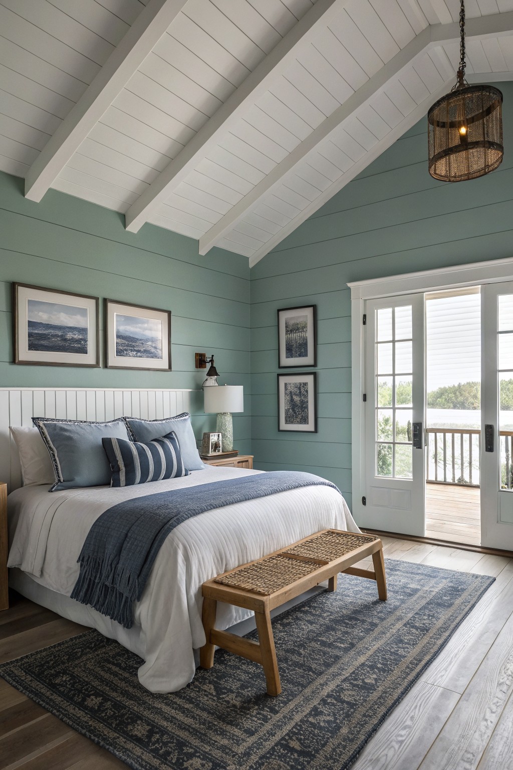 A bedroom featuring soft sage green walls with white trim and wood accents.