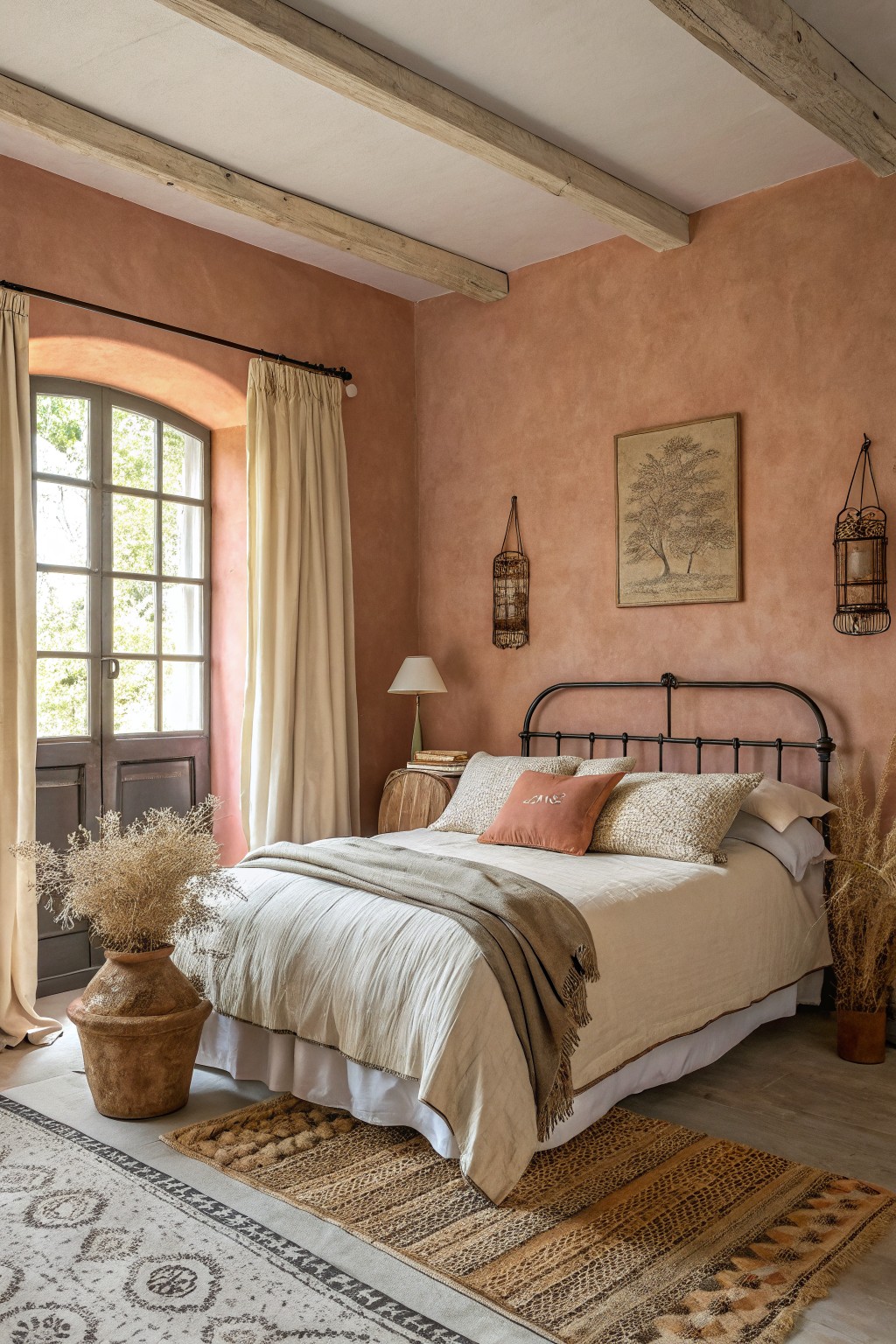 A bedroom featuring warm terracotta painted walls with wooden ceiling beams.