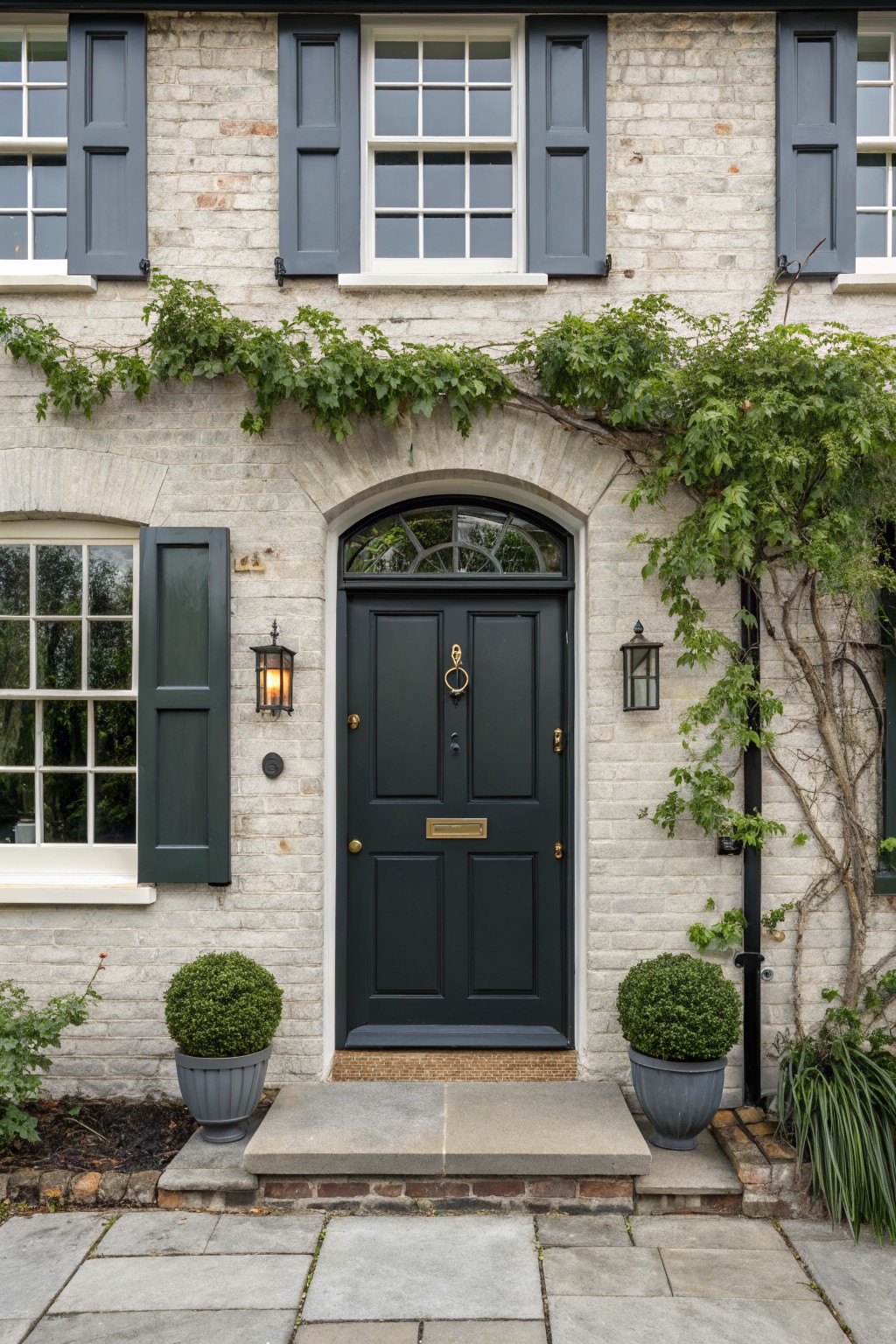A dark charcoal front door set in light brick with stone steps and potted shrubs.
