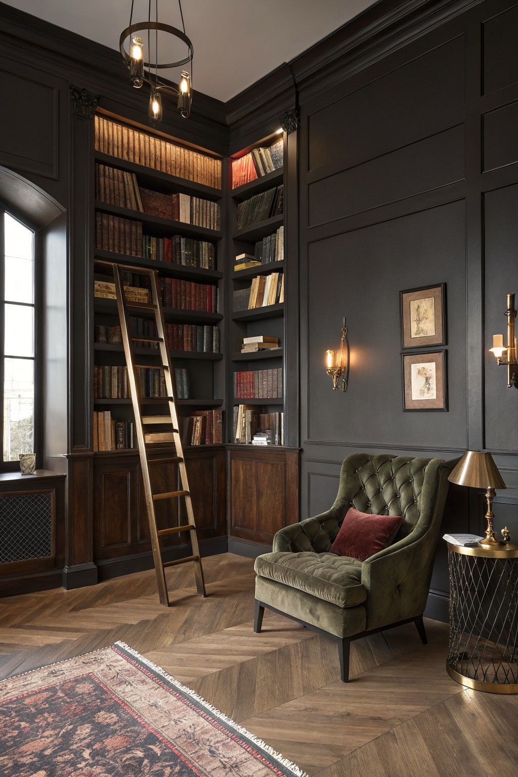 Cozy reading nook with a green velvet chair, dark wood bookshelves, and warm lighting.