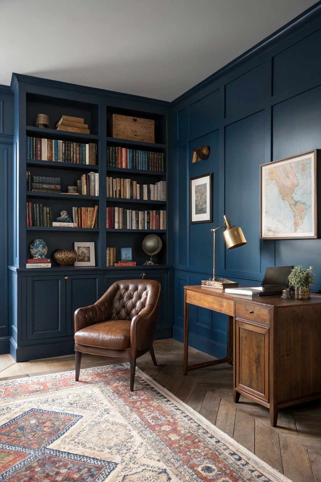 Dark navy walls and built-in shelves fill a home office with a wooden desk and leather chair.