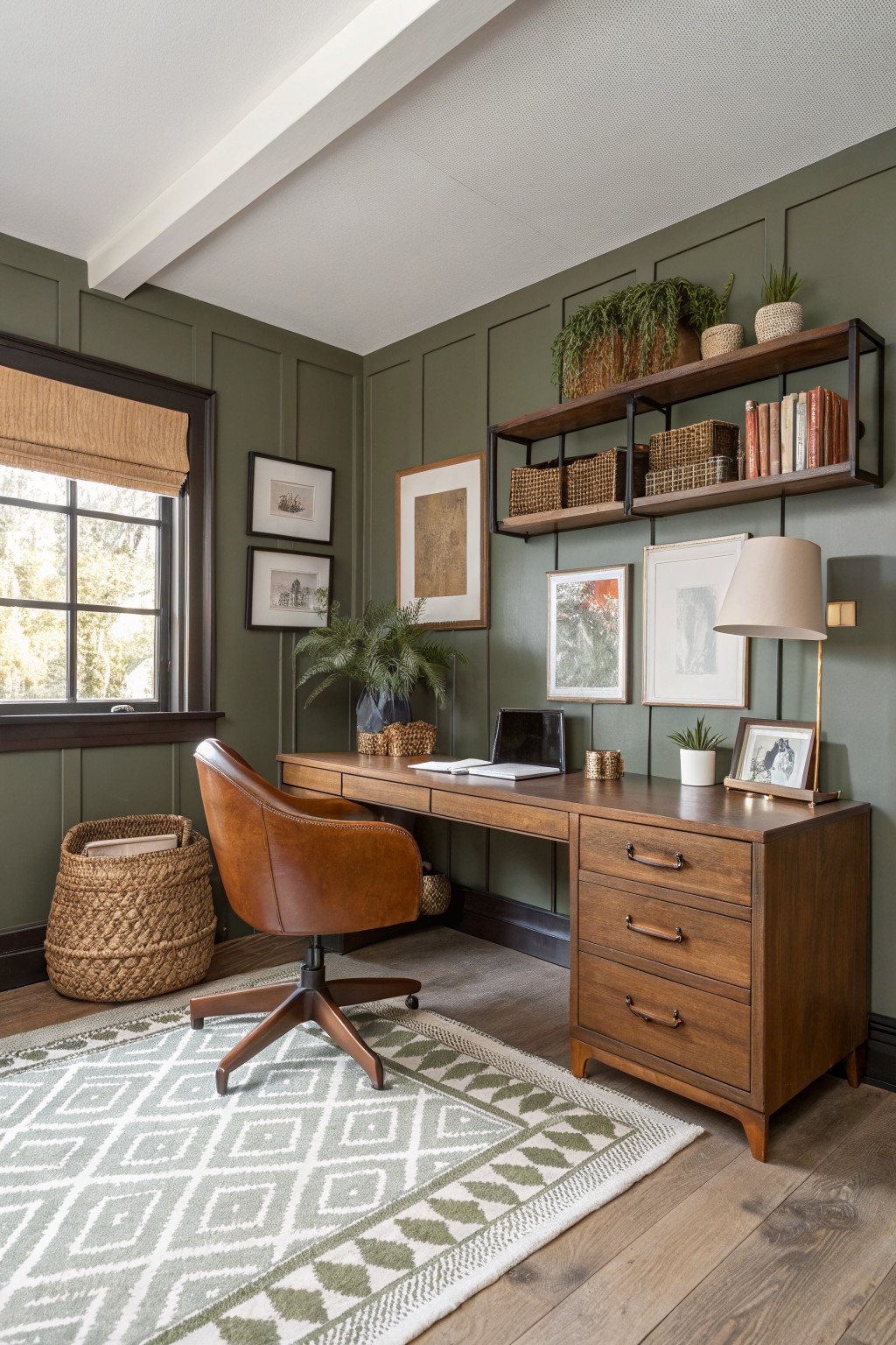 Stylish home office with a wooden desk, green walls, and decorative shelves.