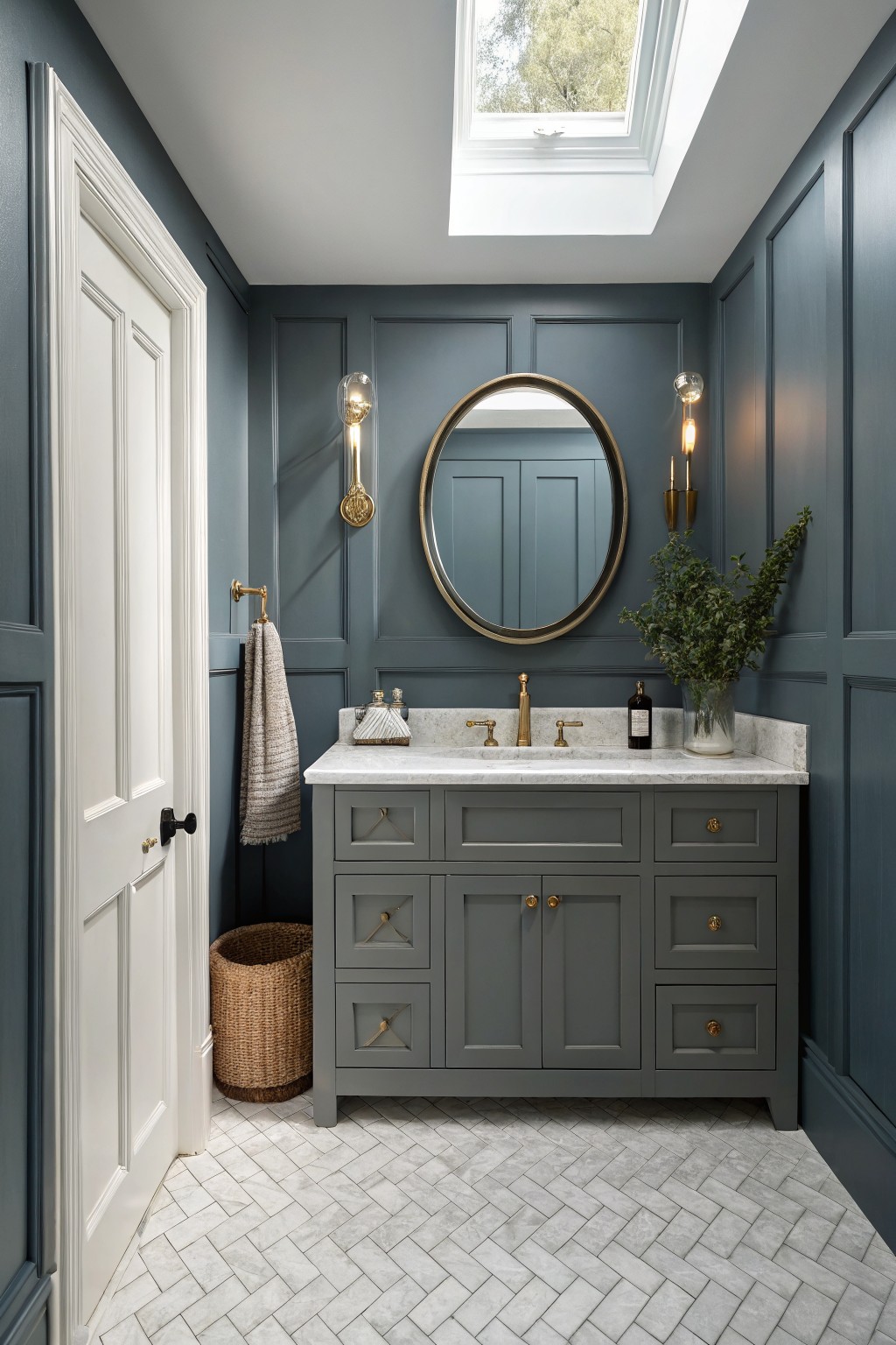Modern bathroom with dark blue walls, marble countertop, gold fixtures, and herringbone tile floor.