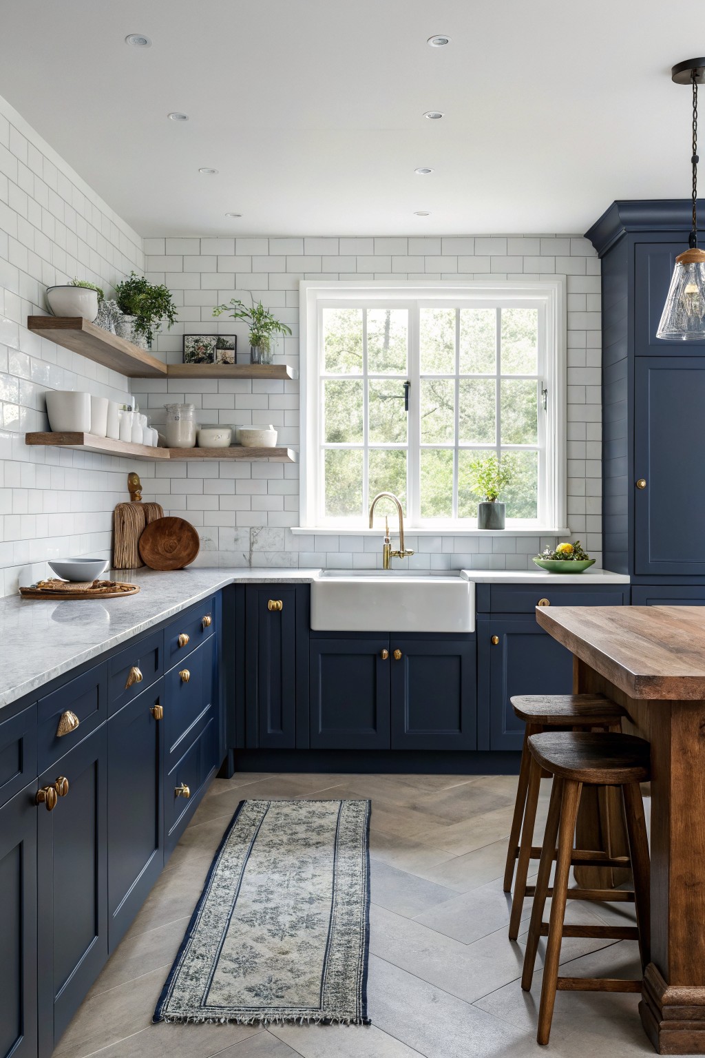 Navy blue kitchen cabinets with white subway tile and a farmhouse sink.