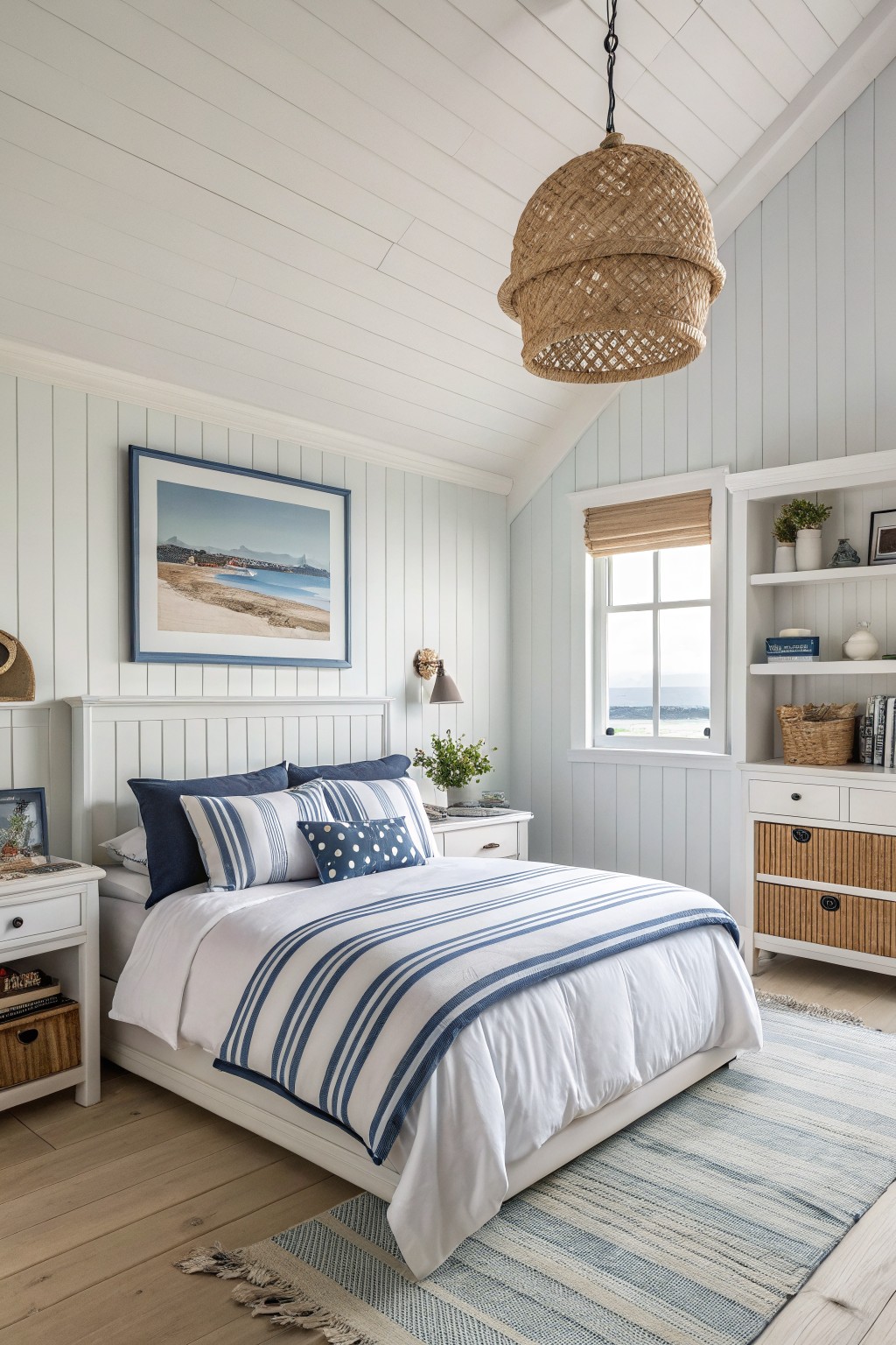 Cozy beach-themed bedroom with striped bedding, woven light fixture, and wooden accents.