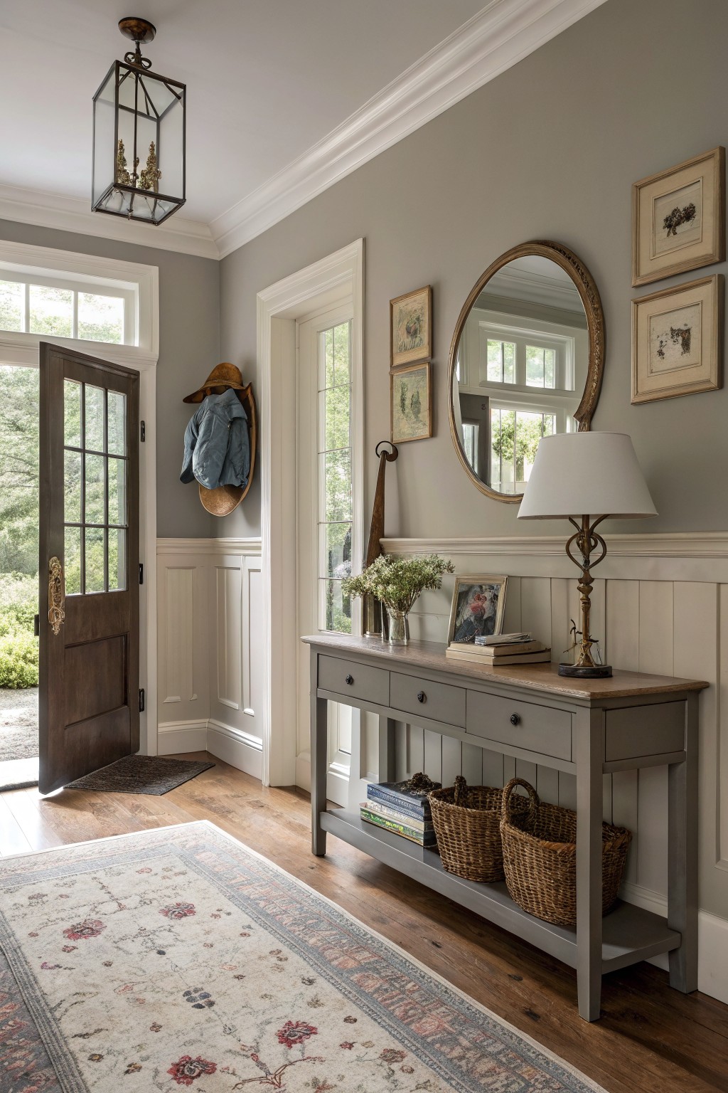 Soft gray walls with white wainscoting in a home entryway.