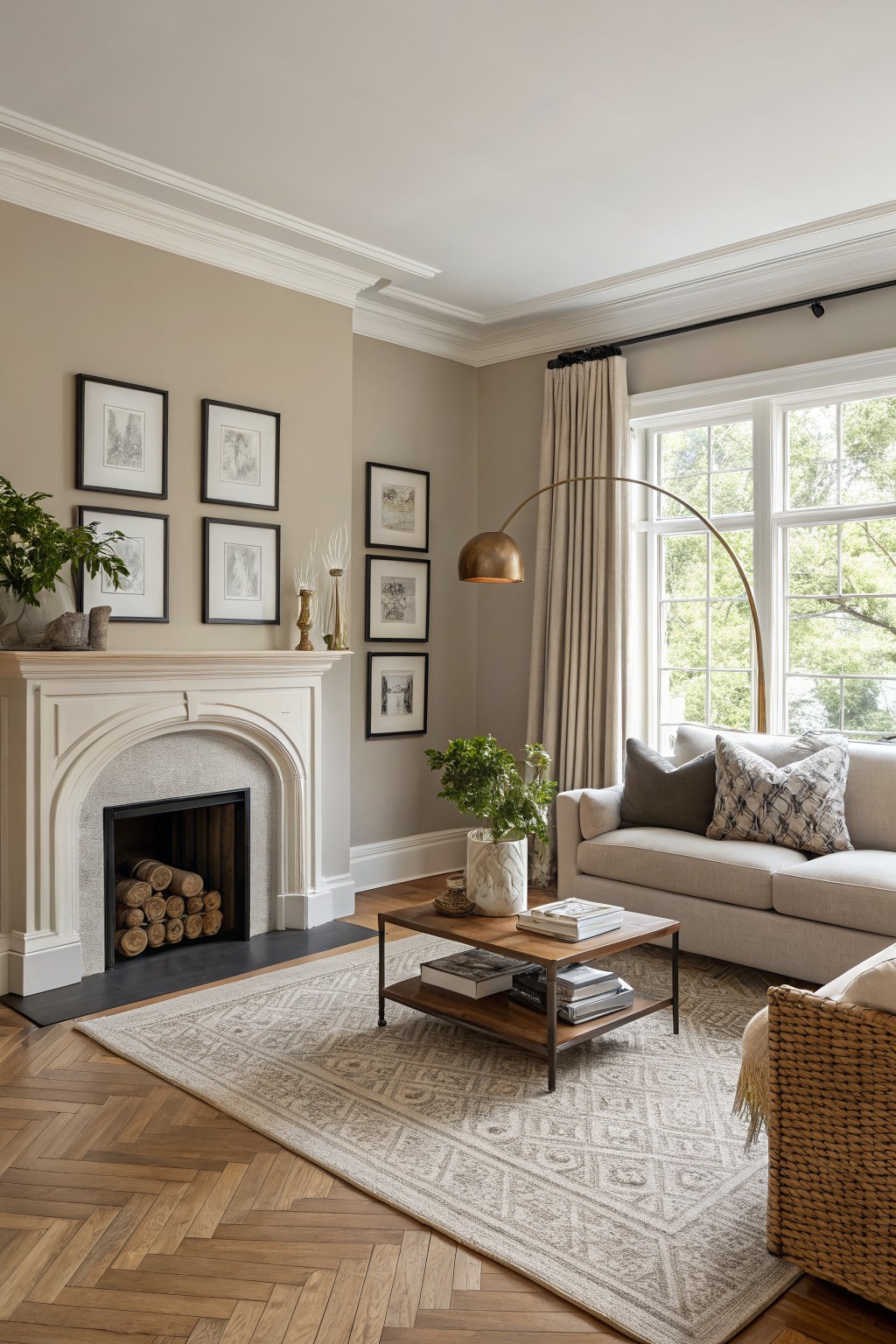 Living room walls painted in a soft greige neutral with white trim and herringbone wood floors.