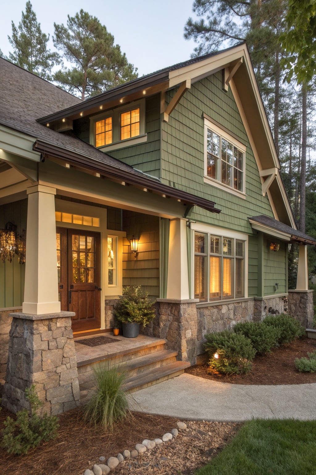Charming green craftsman-style house with stone accents, welcoming porch, and warm lighting.