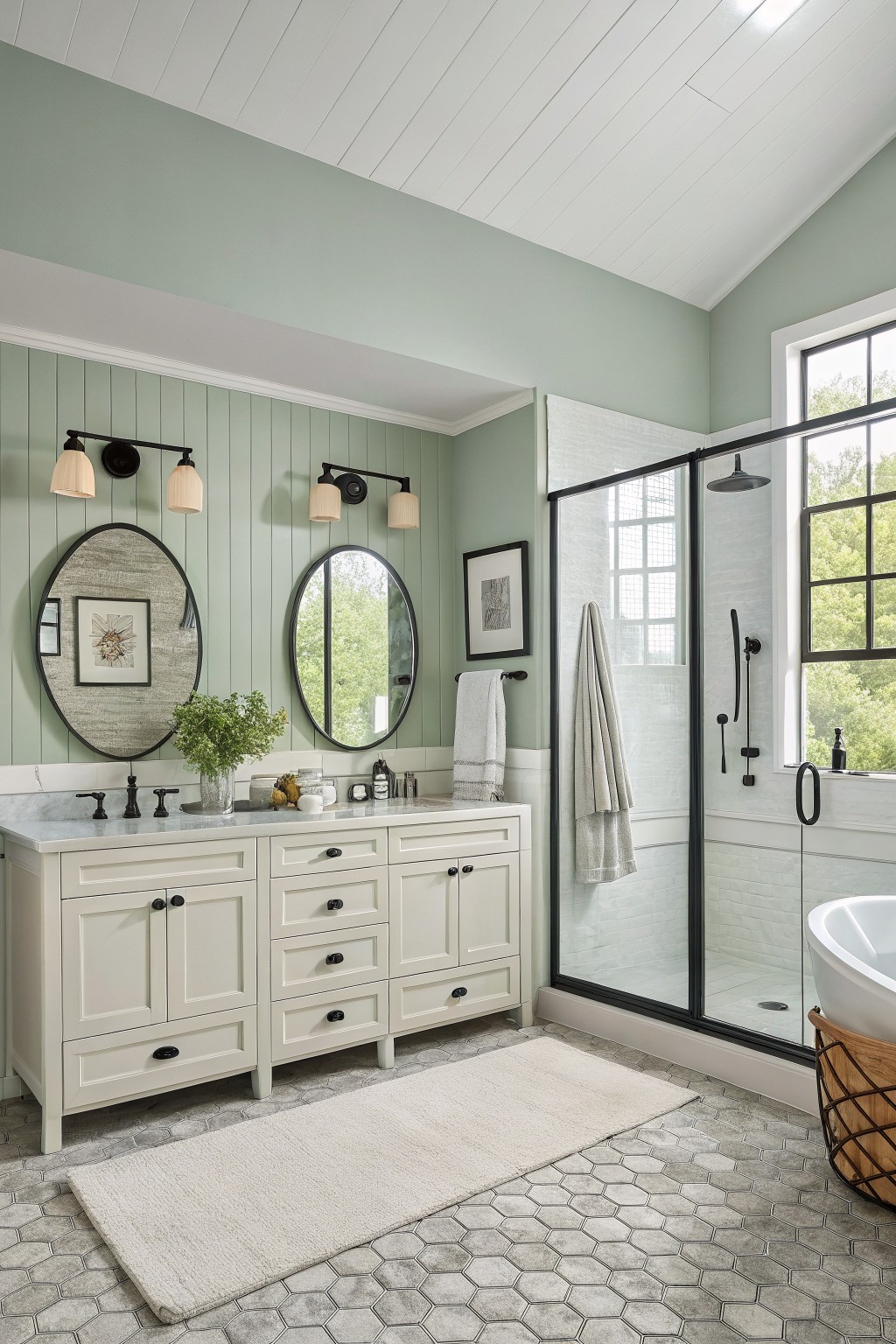 Bathroom walls painted in a soft sage green with white wainscoting and a white vanity.