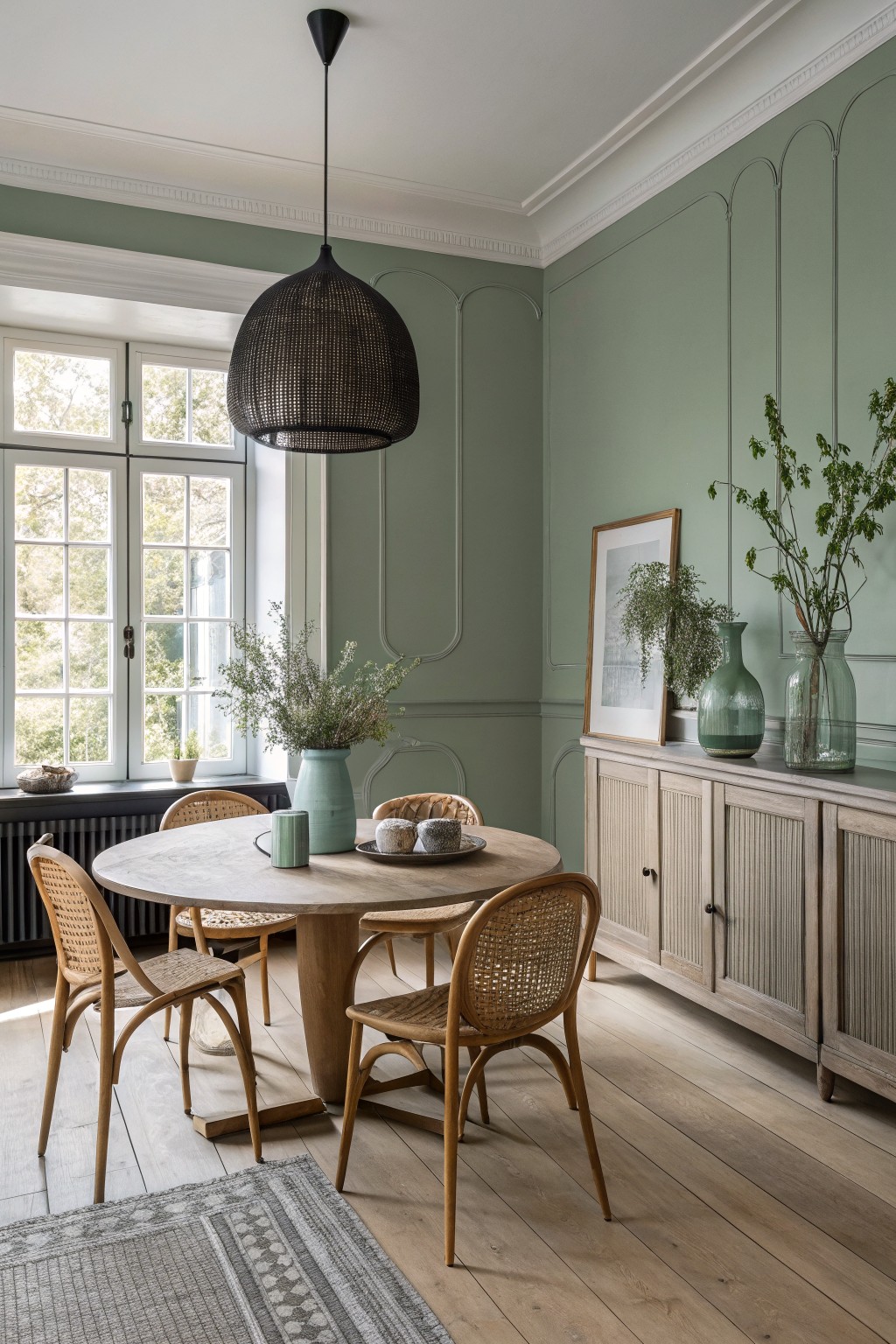 A stylish dining area with green walls, a round wooden table, and rattan chairs.