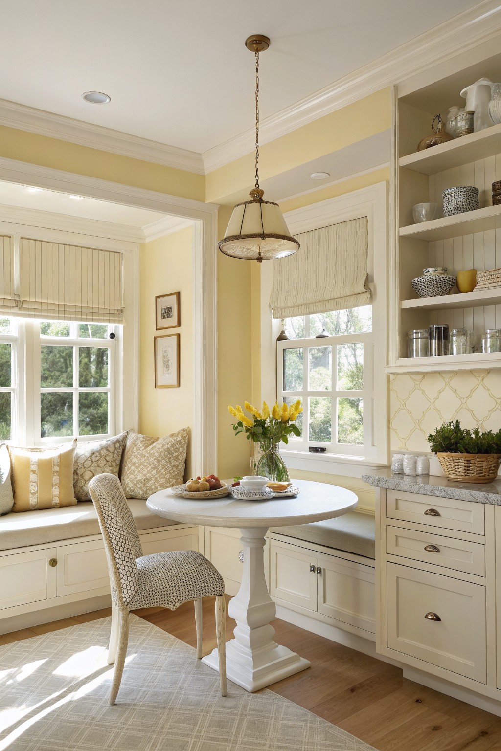 A dining nook with soft yellow walls and built-in seating around a round table.