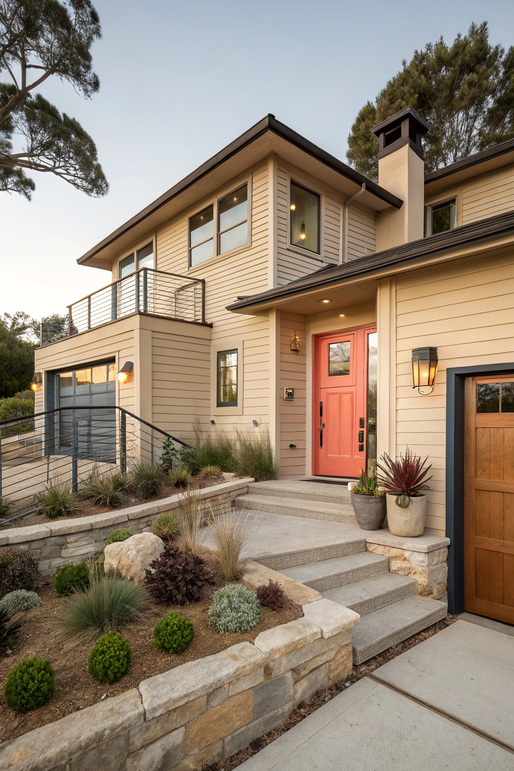 The light warm beige siding on a two-story house exterior.