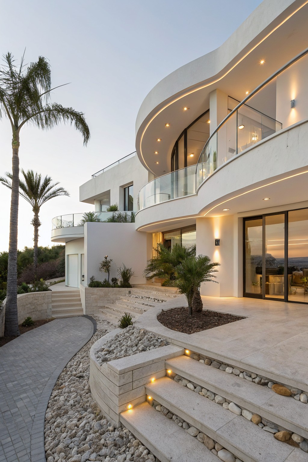 Modern white stucco house exterior with curved walls and stone steps.