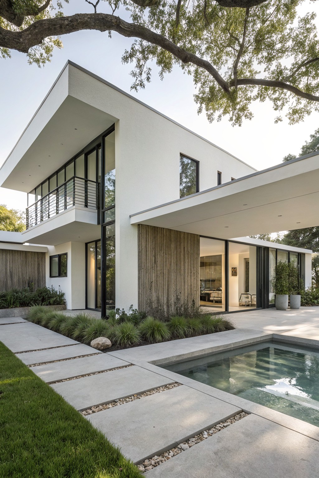 A modern home with crisp white exterior walls next to a pool.