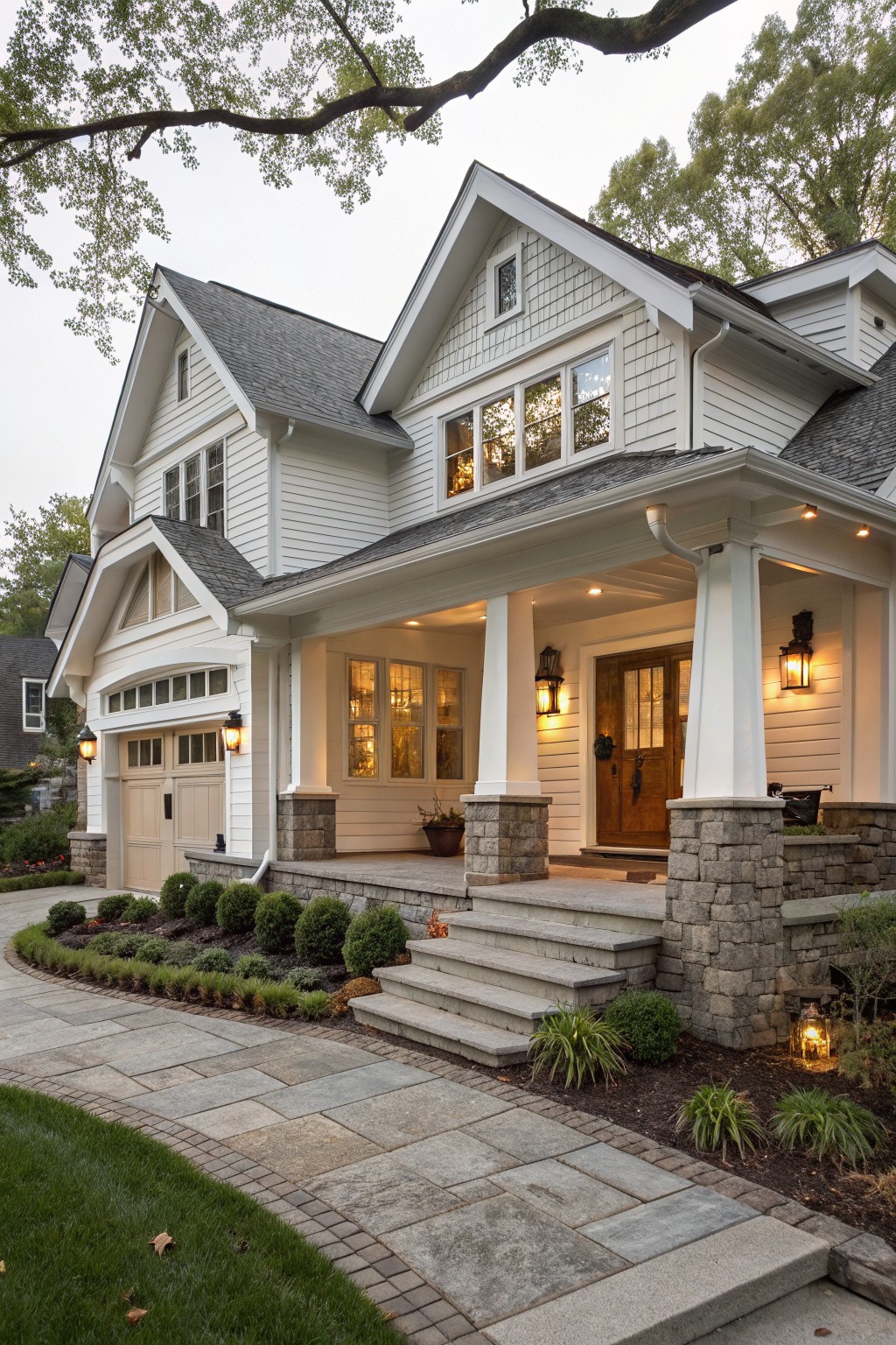 White siding on a two-story house exterior with a stone porch.