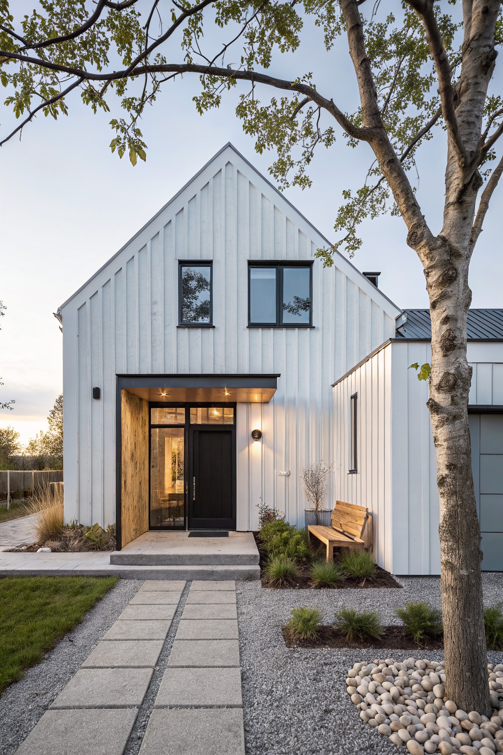 A modern house exterior with bright white vertical siding.