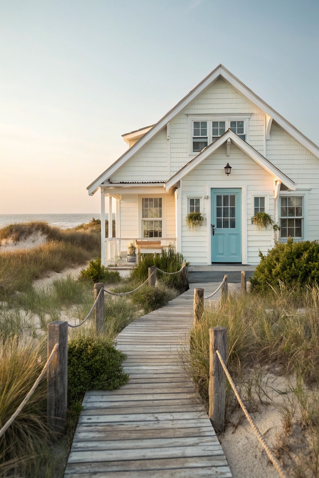 A house with crisp white siding and a wooden walkway leading to the front door.