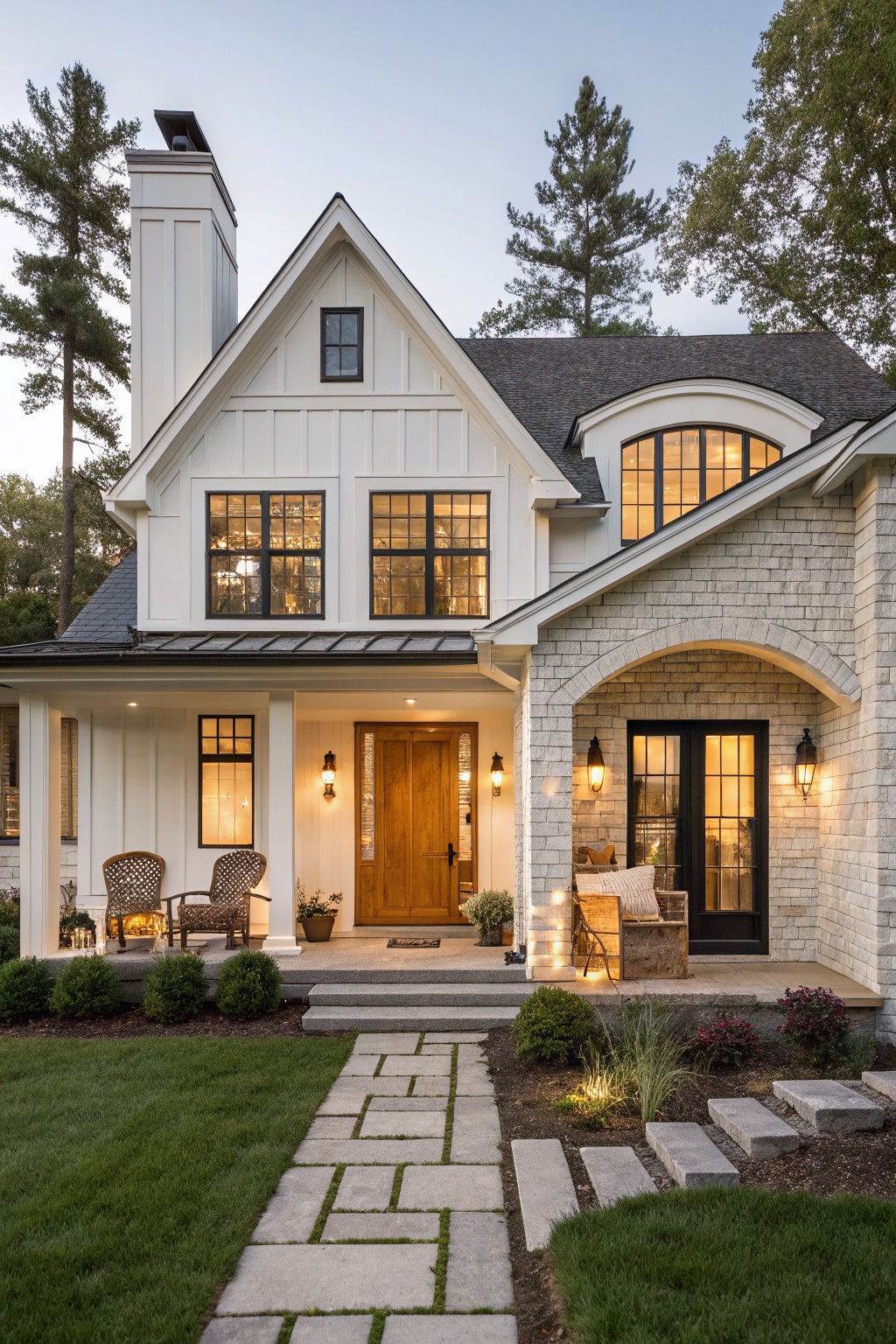 A house exterior painted in crisp white siding with stone accents and dark windows.