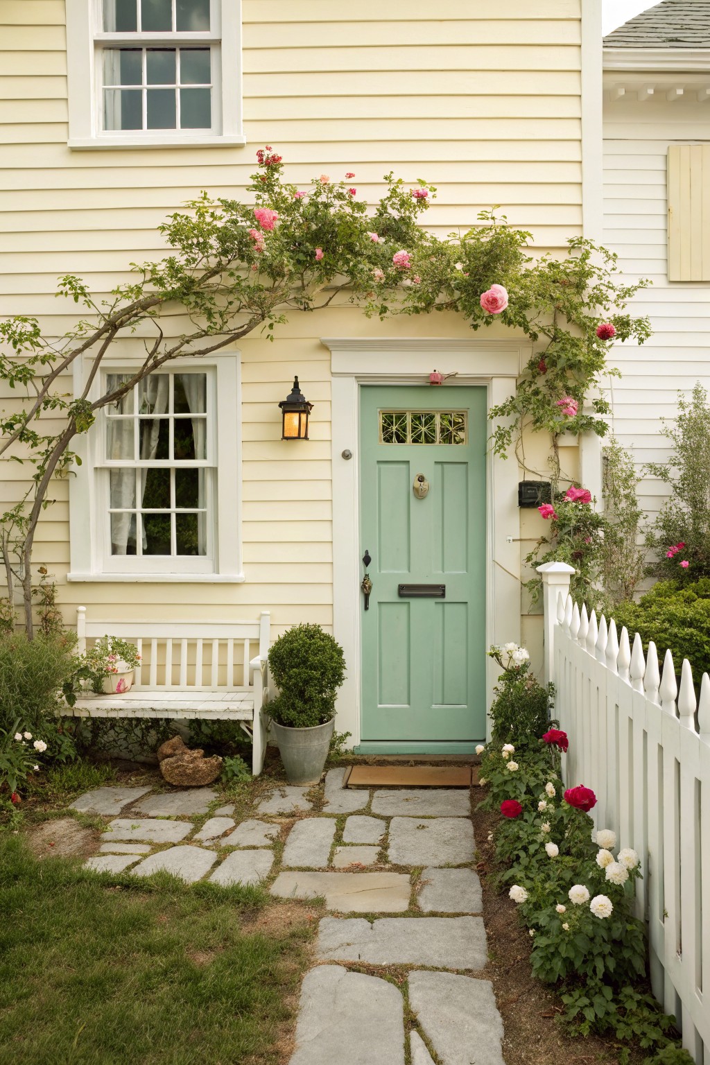 A pale cream house exterior with white trim and a mint green door.