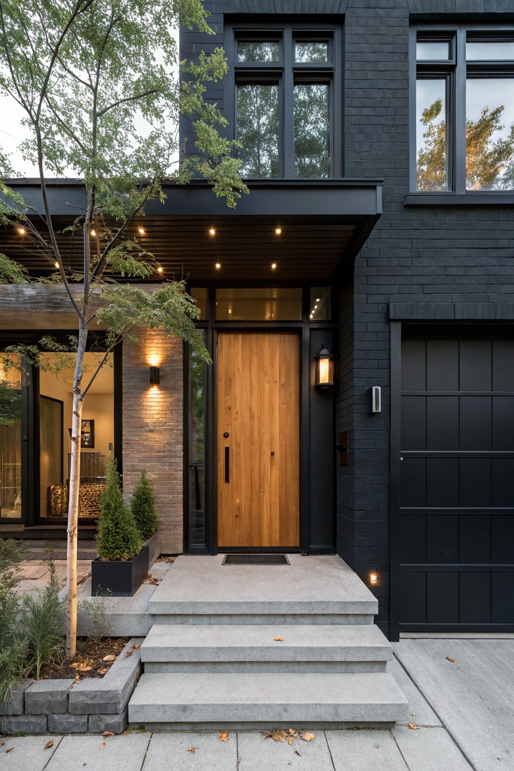 A modern home exterior painted in deep charcoal black siding with wood accents.