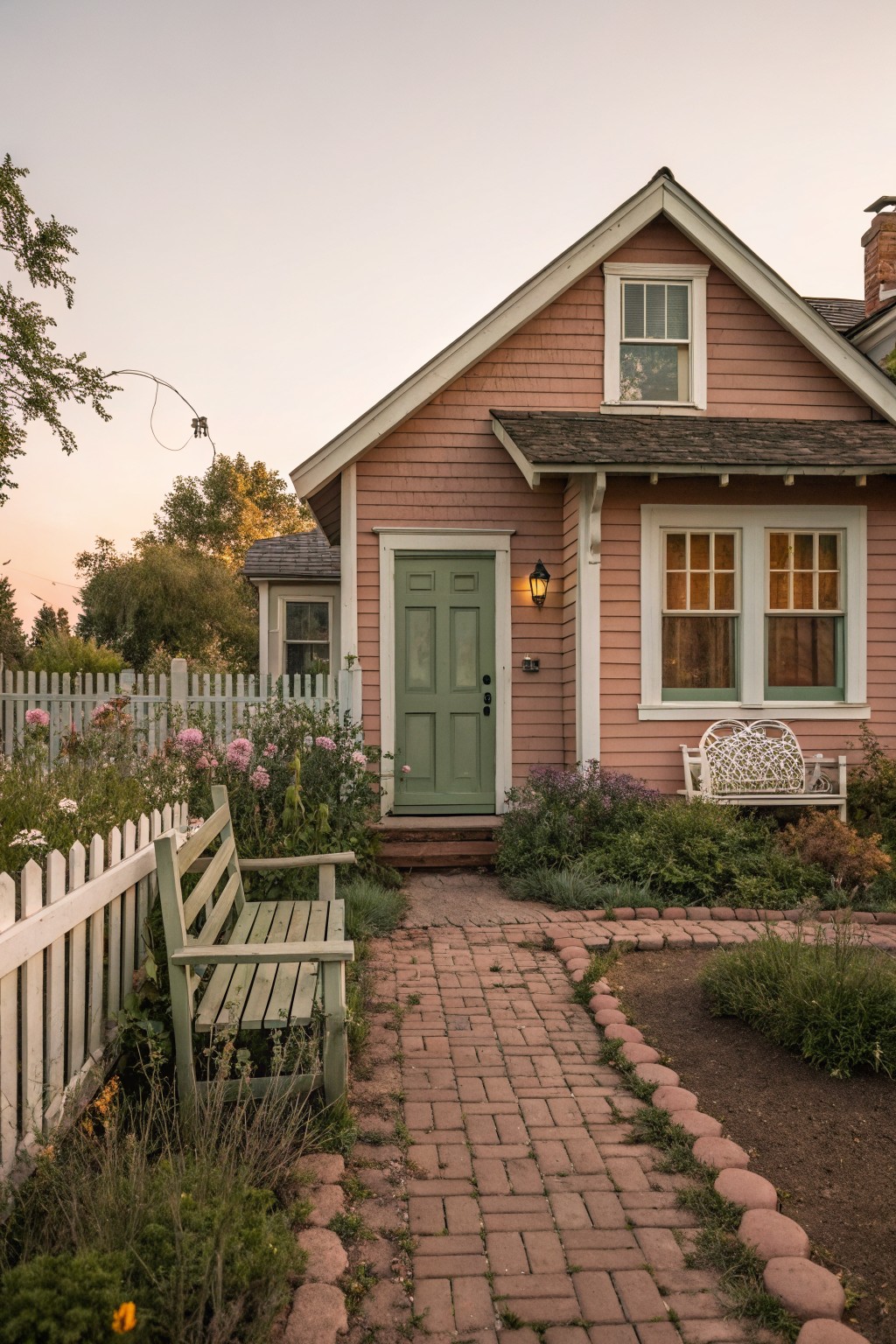 A house exterior painted in soft dusty rose siding with white trim.