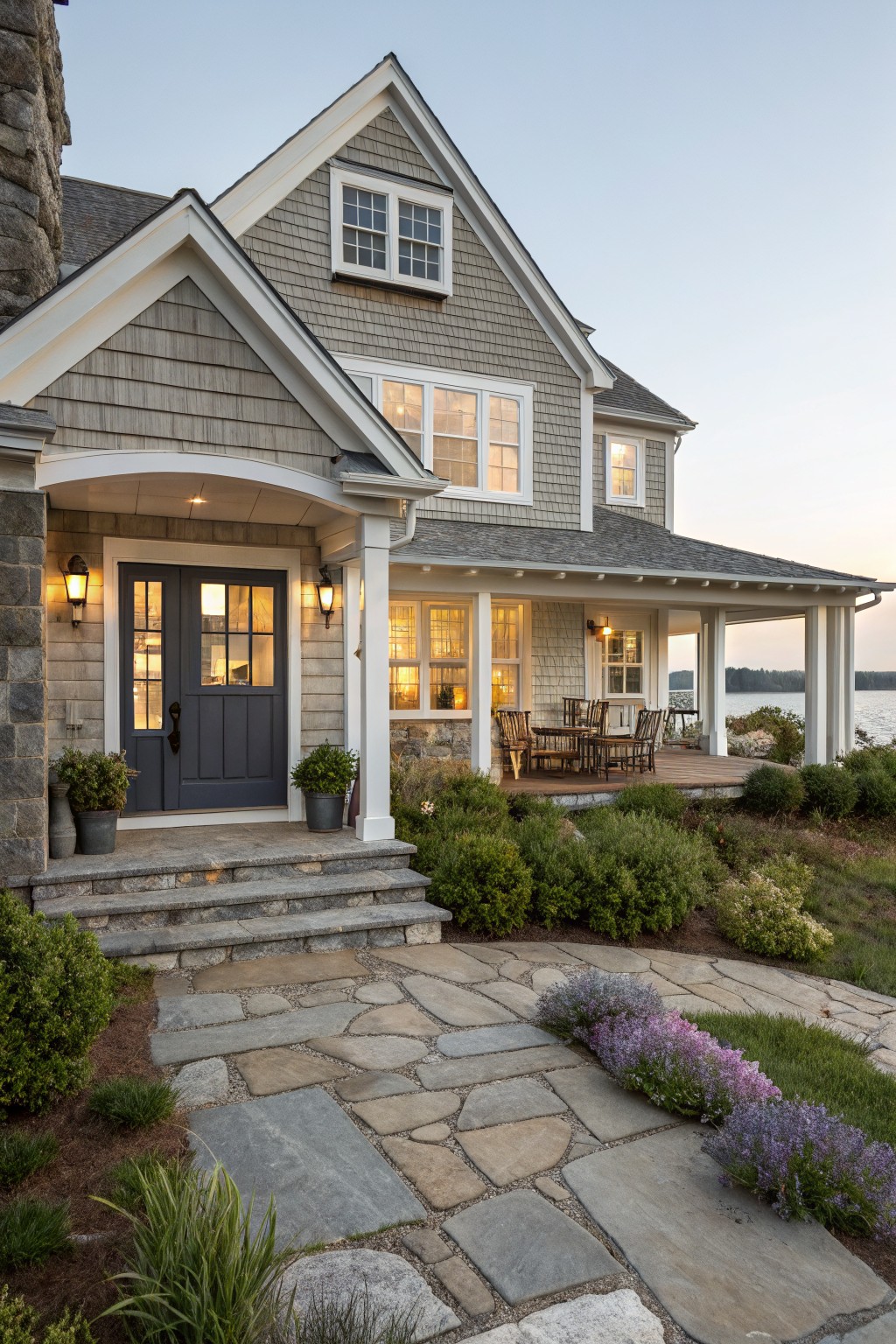 Gray shingle siding on a modern house with white trim and a stone foundation.