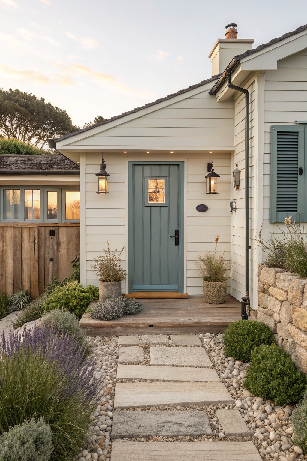 Light off-white siding on a house with a teal front door and stone pathway.