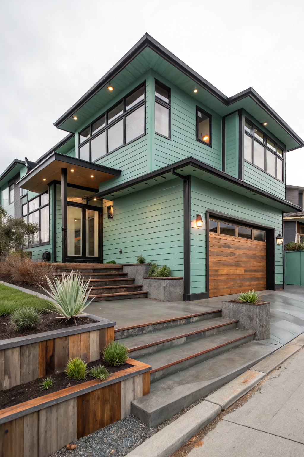 Modern house exterior painted in a soft teal green with wood garage door and steps.