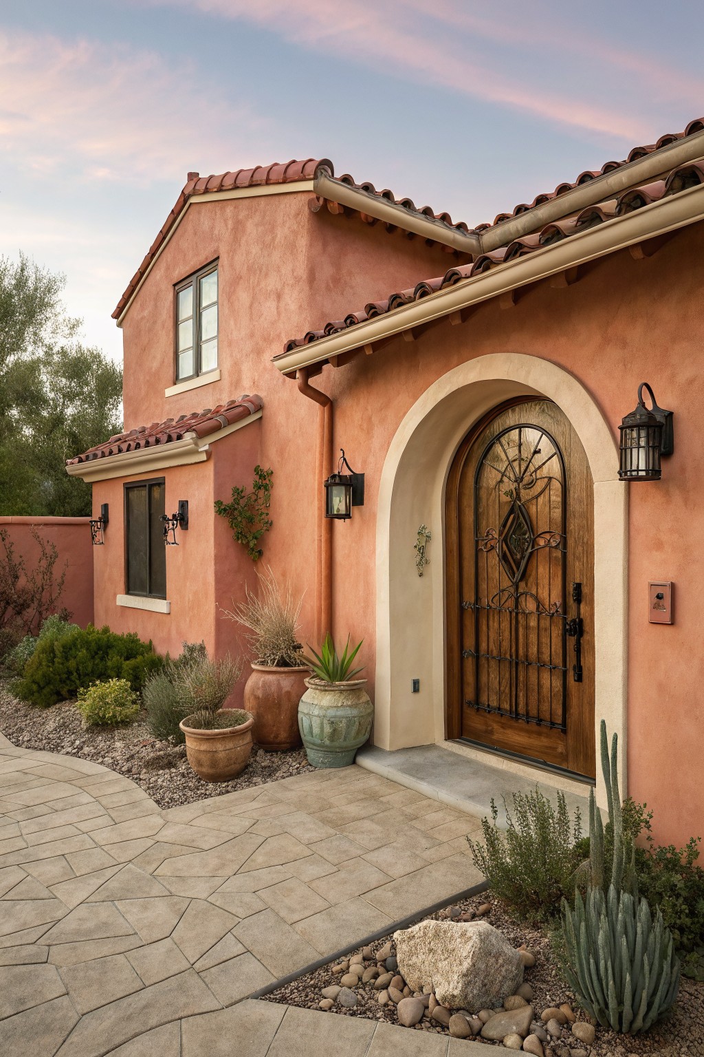 The exterior walls of a house painted in a warm terracotta stucco color.