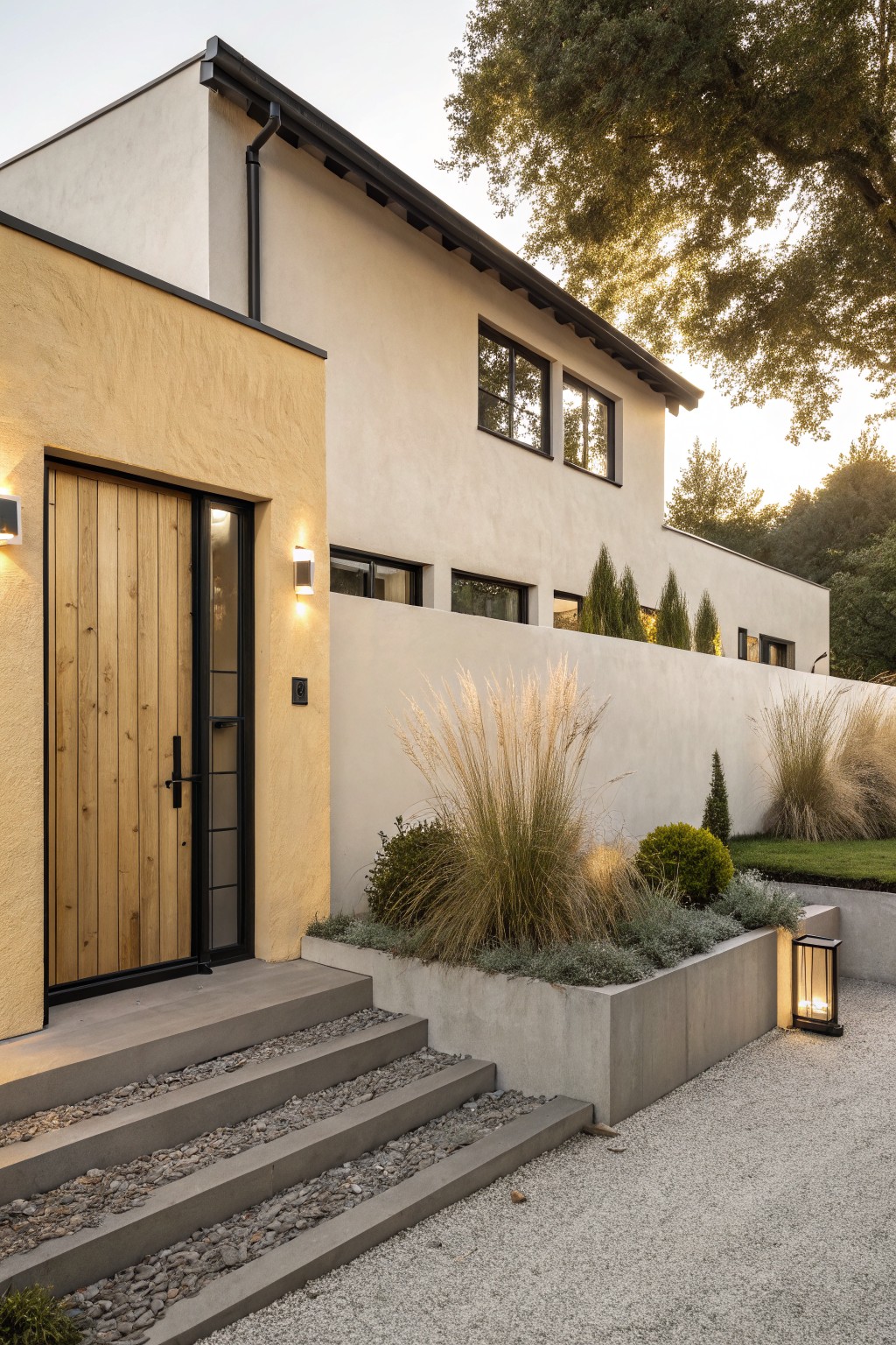 A modern house exterior with warm beige siding and black window frames.