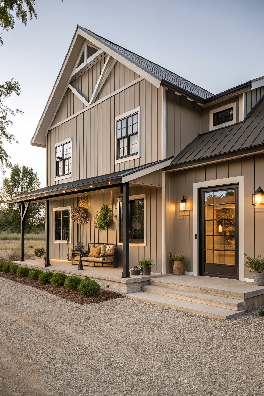 A house exterior painted in a soft greige with dark trim and a metal roof.