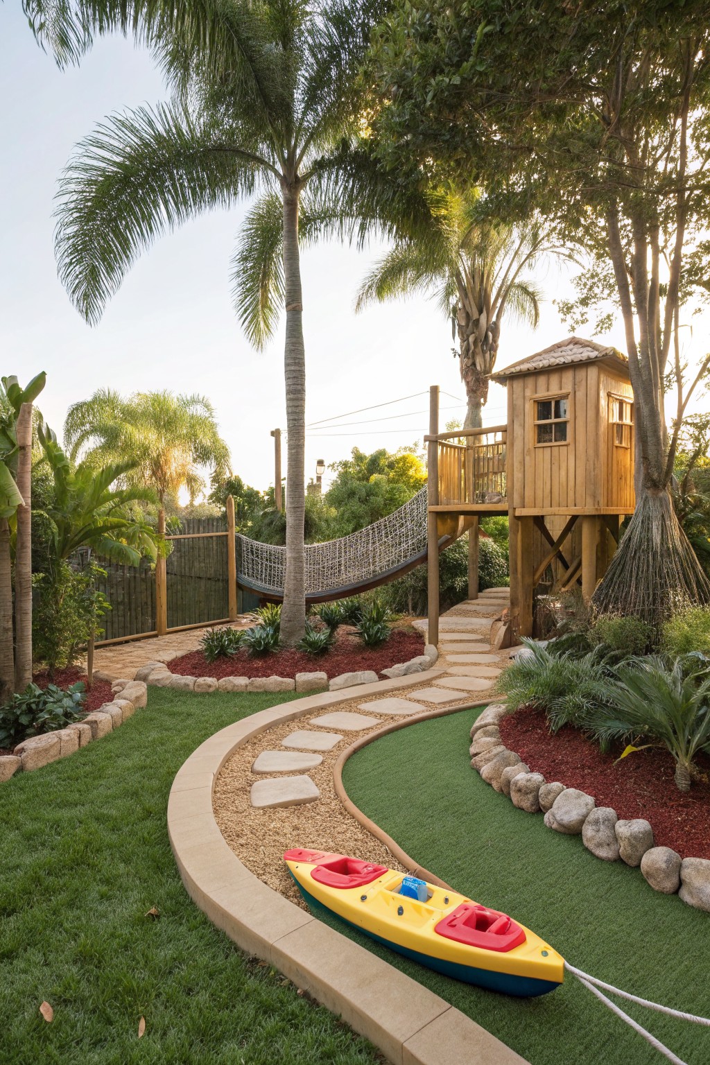 Wooden treehouse on stilts connected by rope net bridge and slide in tropical backyard with palms, ferns, curving stone path, red mulch beds, and artificial turf with yellow kayak.
