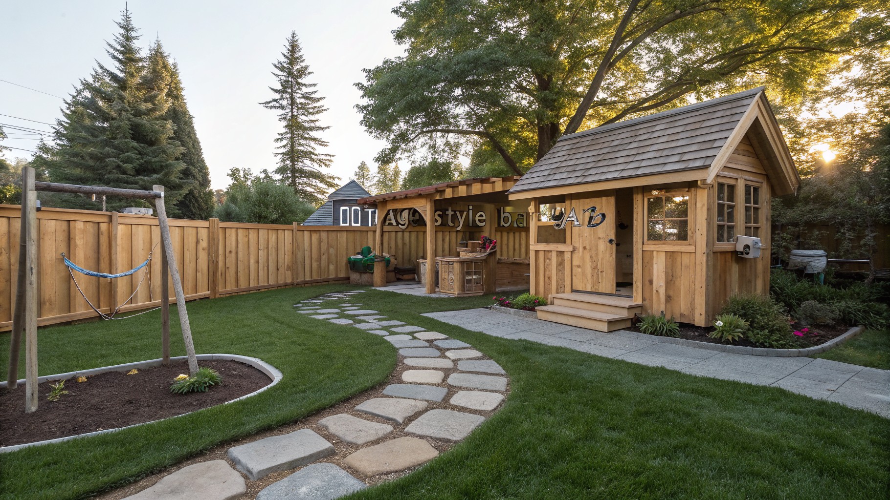 Small wooden playhouse with gabled shingle roof, covered porch, railing, and front steps in a fenced backyard, chalkboard sign overhead, hanging swing with feeder nearby, winding flagstone path through grass and bordered garden bed with rocks and plants.